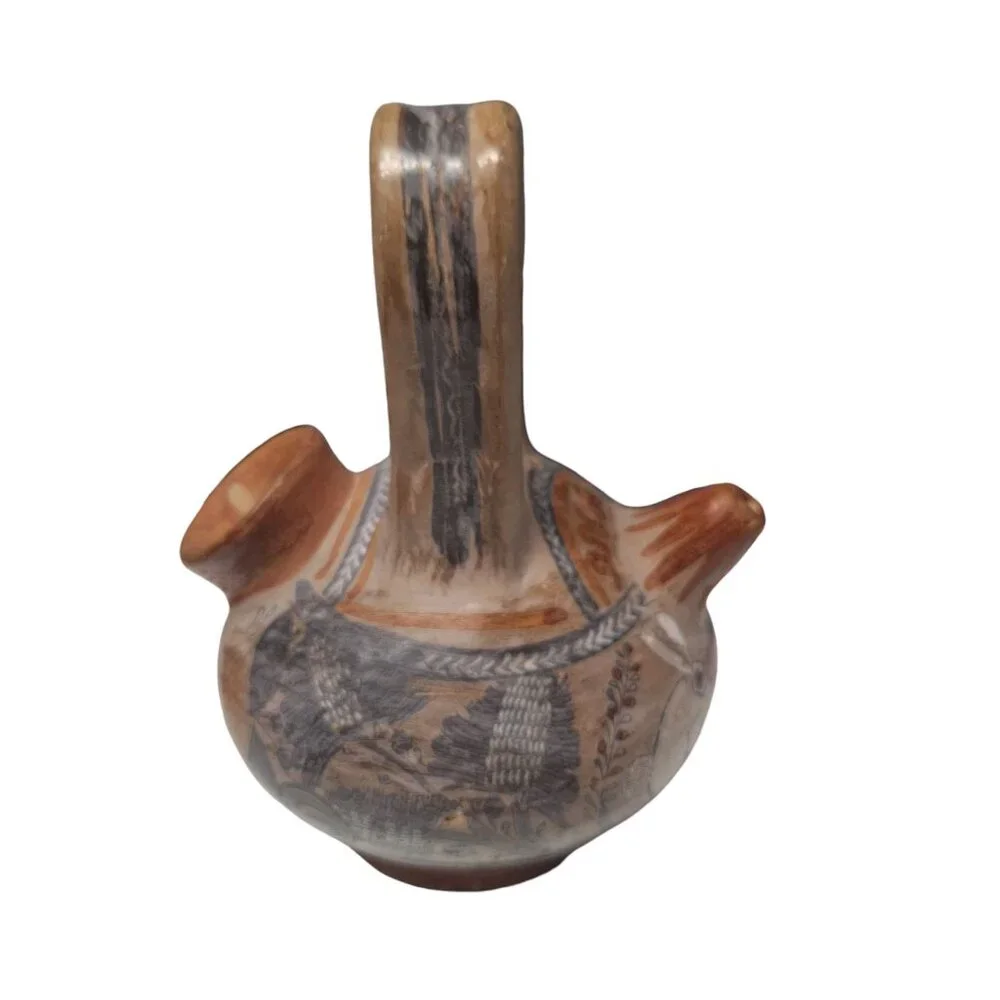 Tonala Pottery Double Spout Water Jug Rabbit Floral Agave Design Mexico Folk Art